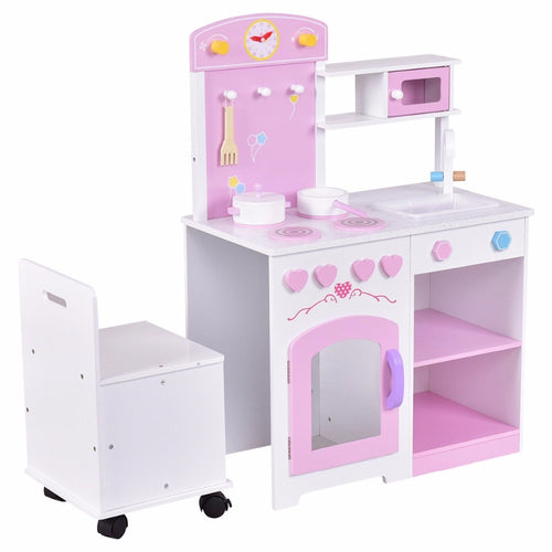 Goplus 2 in 1 Kids Kitchen Play Set with Chair Wood Pretend Toy Cooking Set Children Cabinet Toddler Cook Playset Gifts TY570397