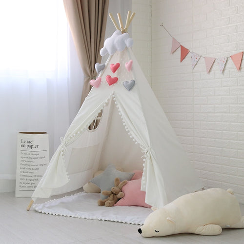White Pom Poms Kinder Tipi Tent With Roll-up window Childrens Teepees Tippi